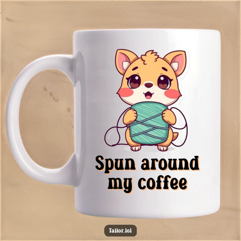 Funny Tangled Animal Mug, a surprised creature comically entangled in a spool of thread, depicting a funny mishap.