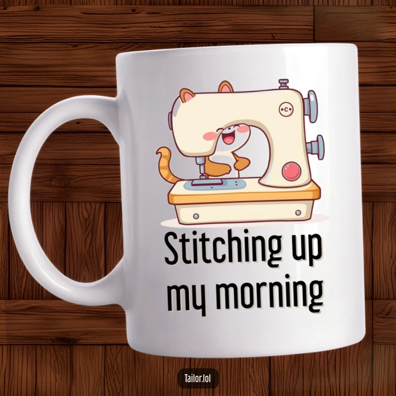 Funny animal operating a comically large sewing machine on a mug, expressing sheer joy in crafting.
