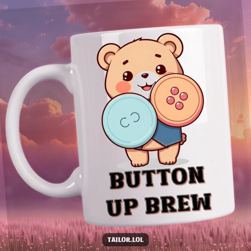 Funny mug featuring a happy Kawaii bear dressed as a tailor, proudly displaying a large, colorful sewing button with a smile.