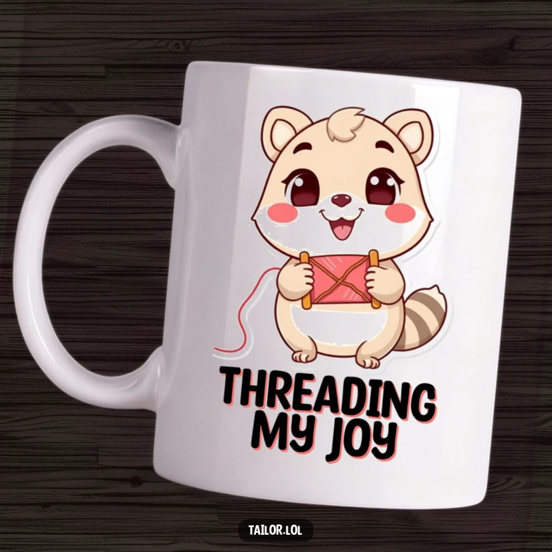 Funny Mug: A cute animal character holding a spool of thread with a big, cheerful grin, looking proud.