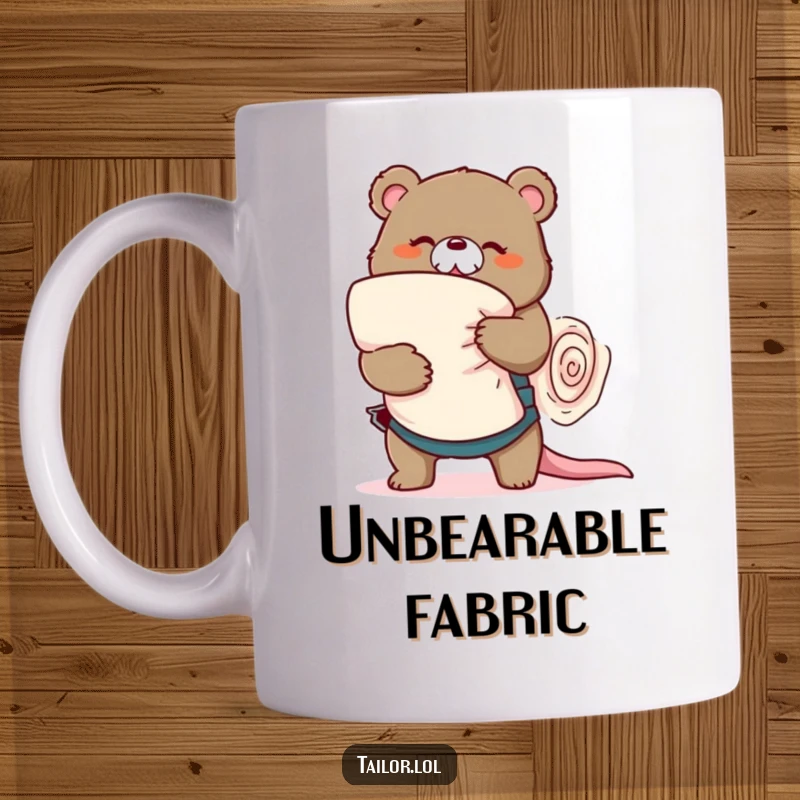 Funny playful bear tailor comically wrestling a large roll of fabric, sewing struggle design, perfect funny gift.