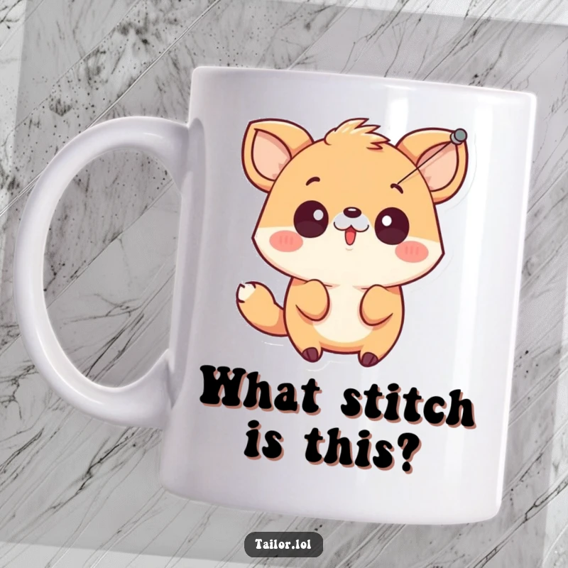 Funny cute animal character looking surprised as a sewing needle pulls thread through the air on a whimsical mug.
