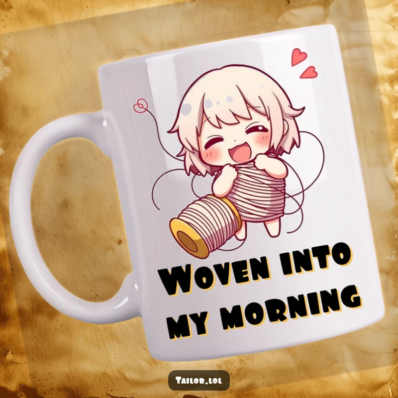 Funny character comically ensnared in a long spool of colorful thread, giggling gleefully, a humorous mug design.