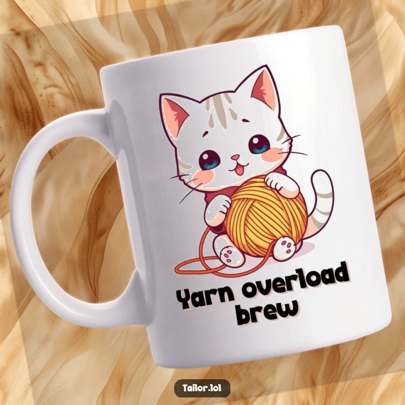 Funny mug featuring a surprised Kawaii cat dressed as a tailor, comically tangled in a large ball of colorful yarn.