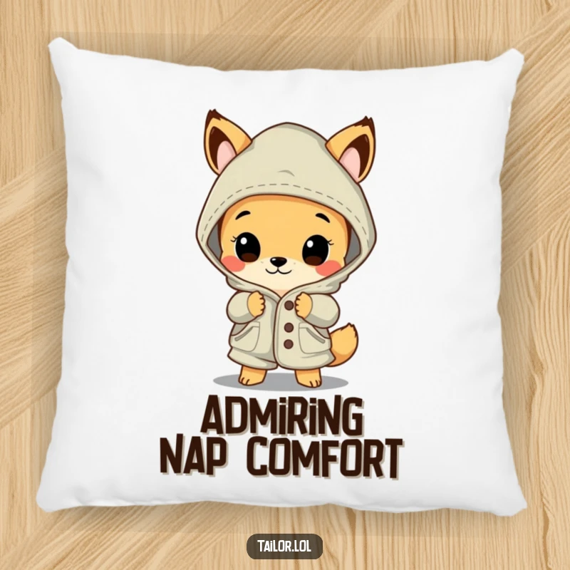 Funny animal pillow, a plush cushion of a curious creature admiring a beautifully stitched, oversized garment, soft and humorous.