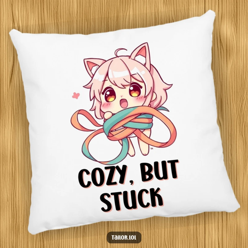 Funny decorative pillow featuring a surprised character amusingly entangled in a long ribbon, perfect for adding humorous comfort.