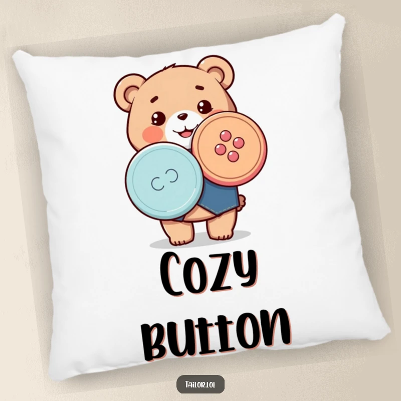 Funny pillow featuring a happy Kawaii bear tailor proudly holding a large, colorful button, providing comfort and crafty inspiration.