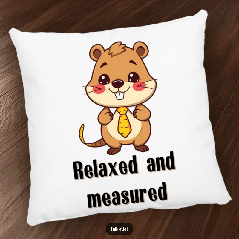 Funny Kawaii beaver tailor character wearing a measuring tape as a necktie, a soft and humorous pillow for sewing enthusiasts.
