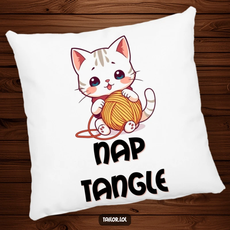 Funny pillow featuring a surprised Kawaii cat tailor comically tangled in a large ball of yarn, providing comfort and crafty amusement.