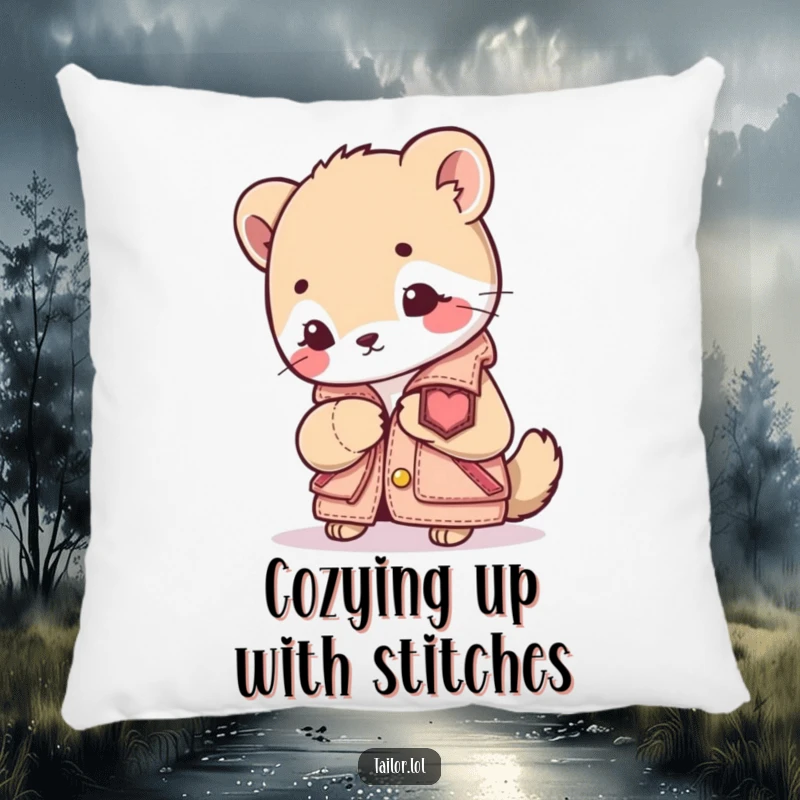 Funny Sewing Animal Pillow: A cute animal character diligently sewing a patch onto a tiny jacket. Soft, plush, and inspiring.