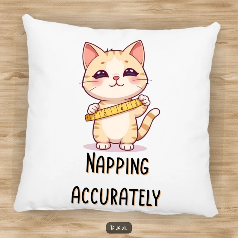 Funny pillow featuring a cute cat happily measuring fabric with a tape measure, soft and humorous.