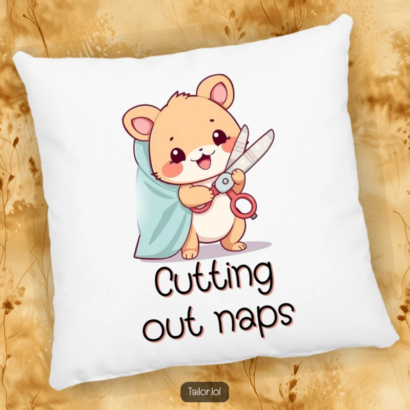 Funny pillow showing a cute animal character happily snipping fabric with oversized, sparkling scissors; comfortable and charming.