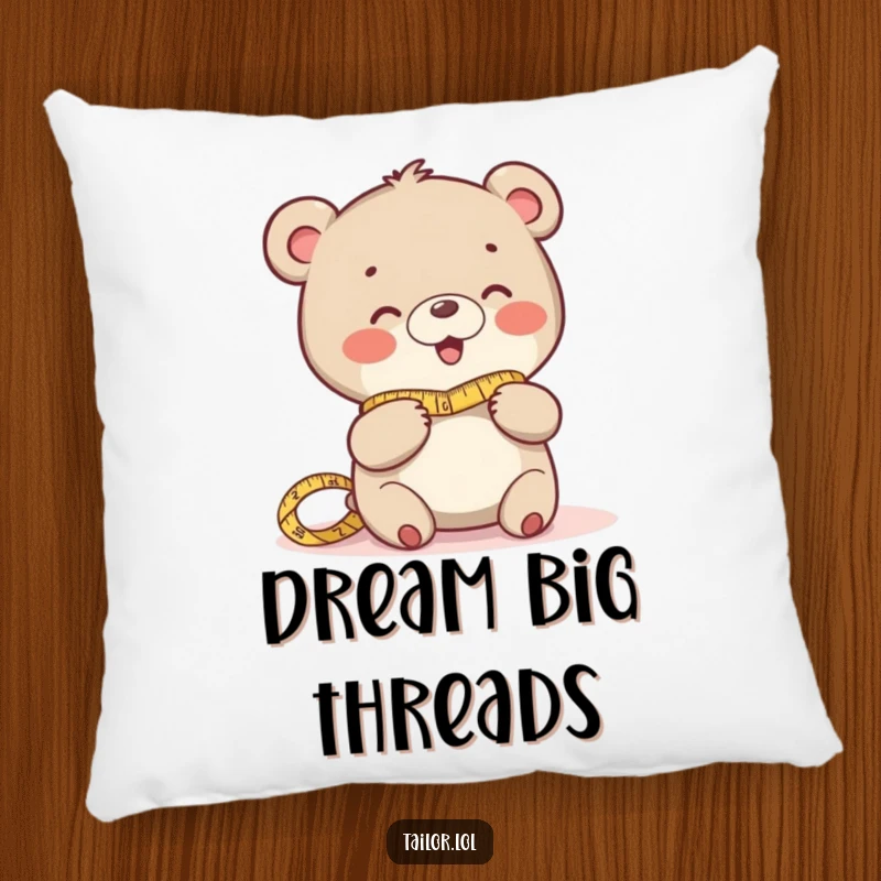 Funny pillow with a giggling bear character measuring fabric, adding a humorous and cozy touch to decor.