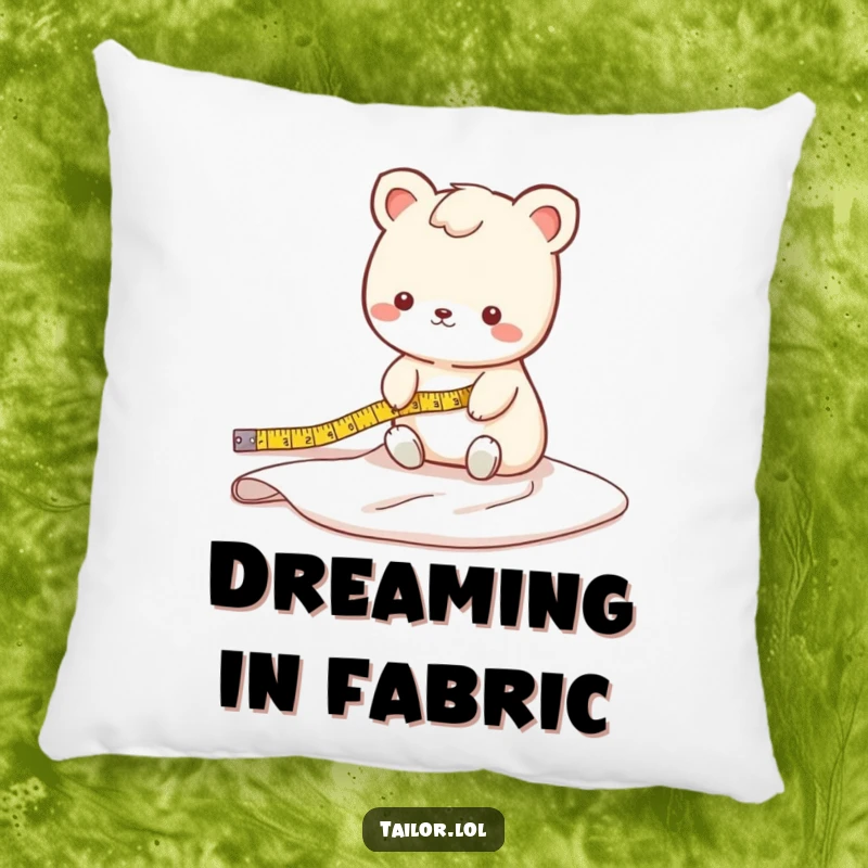 Funny fabric measuring animal pillow with a cute creature measuring a long bolt of fabric, adding comfort and quirky charm.