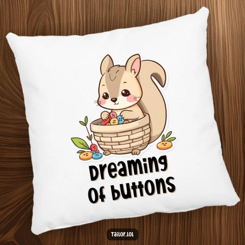 Funny playful squirrel character collecting buttons in a basket, a cute and comfortable pillow design.
