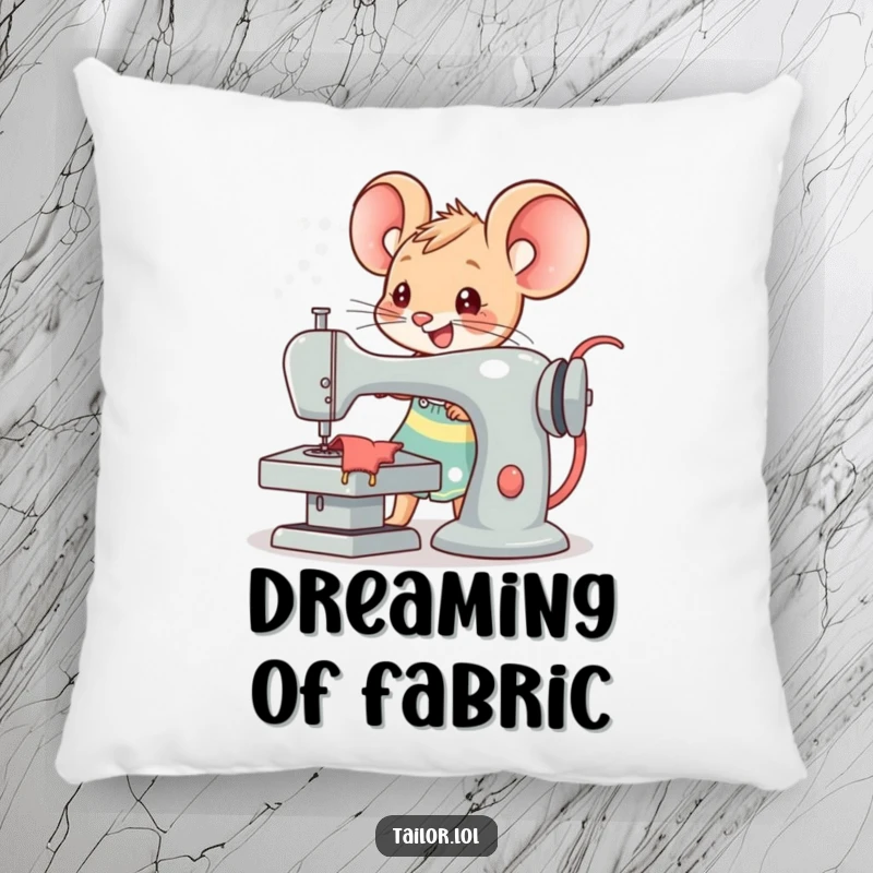 Funny Kawaii mouse tailor character joyfully operating an oversized sewing machine, a soft and humorous pillow for sewing enthusiasts.
