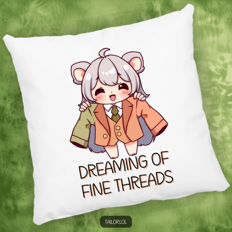 Funny tailor pillow featuring a proud character holding a perfectly tailored garment, adding a touch of humor and style.