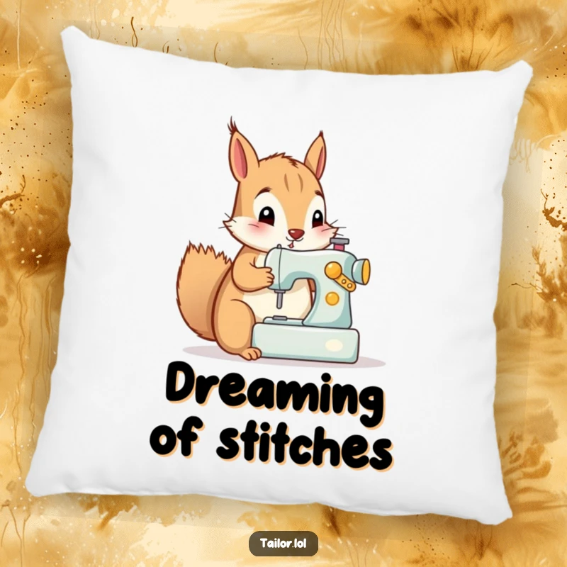 Funny pillow featuring a curious squirrel operating a miniature sewing machine, adding a touch of humor to decor.