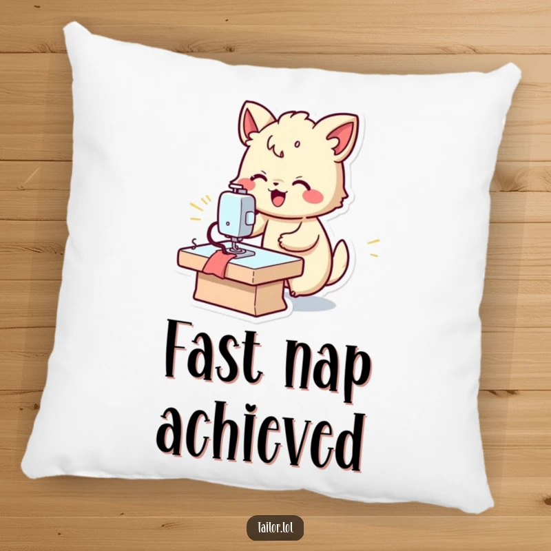 Funny fast sewer pillow, a joyful animal operating a sewing machine rapidly, comfortable and creative decor.