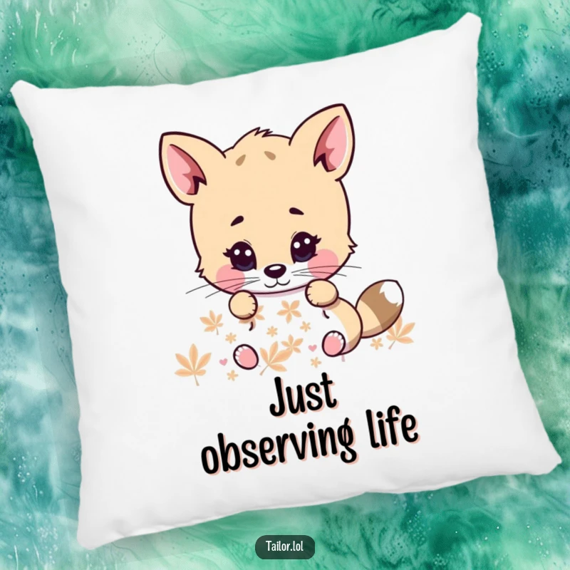 Funny pillow featuring a cute animal character with an intense gaze, meticulously examining a pattern, offering comfort and humorous focus.