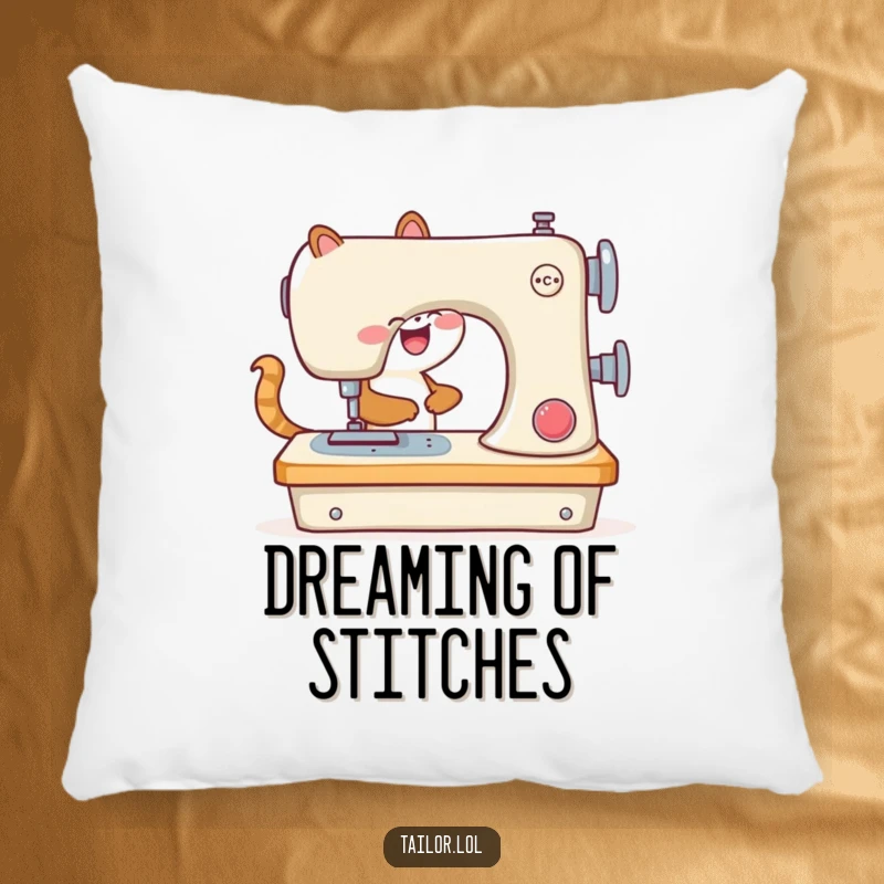 Funny pillow with an animal cheerfully operating a comically large sewing machine, a cute and humorous decor item.