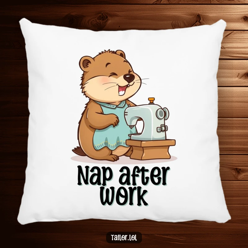 Funny busy beaver tailor sewing on a soft pillow, adding cozy humor and a touch of DIY spirit to any room.