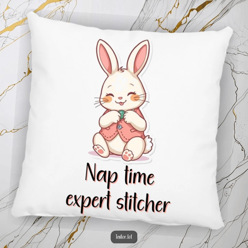 Funny Pillow: Cute bunny sewing a button onto a tiny vest, offering a touch of handmade joy and comfort.