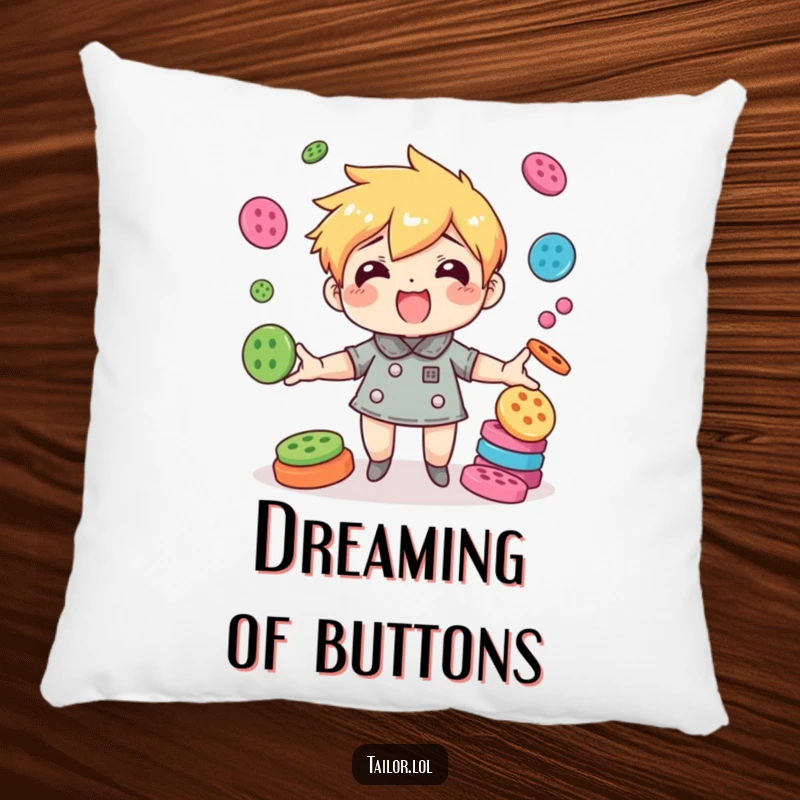 Funny character hilariously juggling colorful buttons with amazing agility, a soft and humorous pillow.