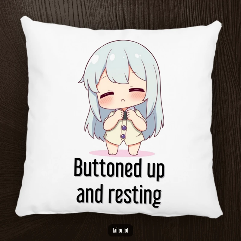 Funny pillow showing a character playfully adjusting a comically large button on a tiny shirt, soft and amusing.