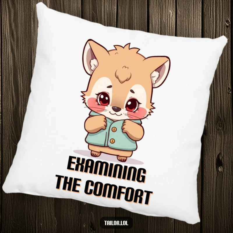 Funny pillow featuring a curious animal character examining a garment with a critical eye, offering comfort and fashion humor.