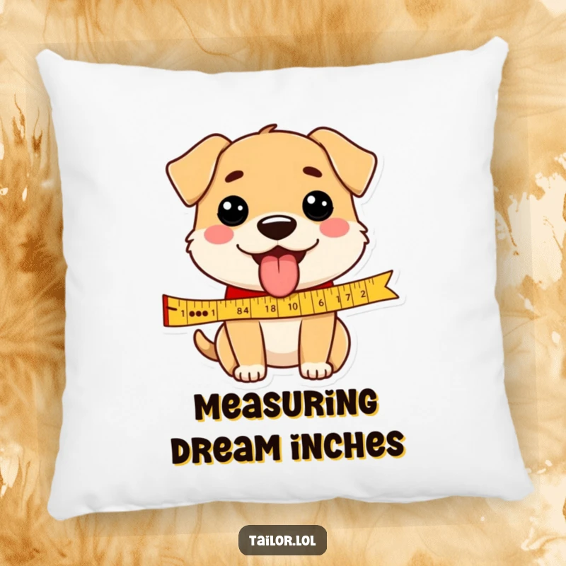 Funny dog pillow design with a happy dog tongue out, measuring a ribbon, offering a soft touch of humor.