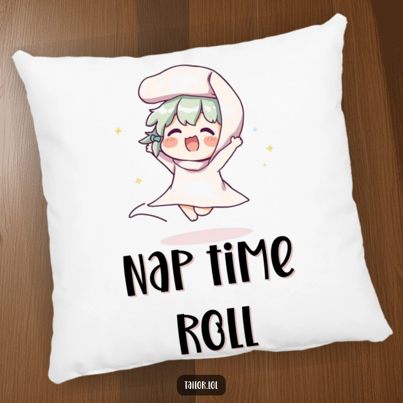 Funny decorative pillow featuring a character joyfully bouncing a roll of fabric, perfect for adding humorous comfort to a craft space.