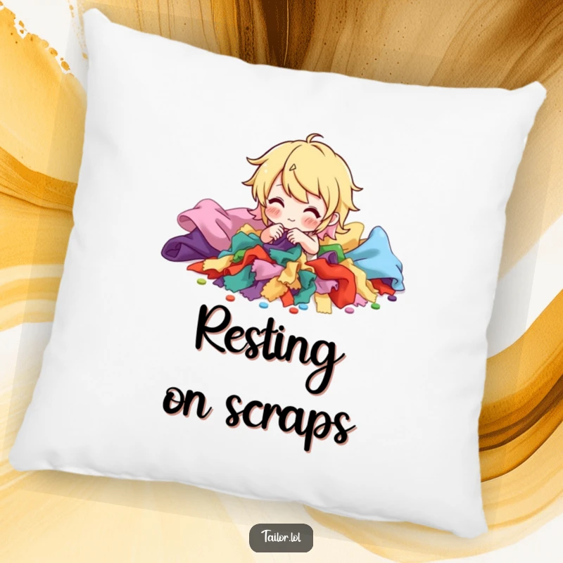 Funny pillow featuring a character sorting a pile of colorful fabric scraps, offering comfort and humor for fabric lovers. A great gift.
