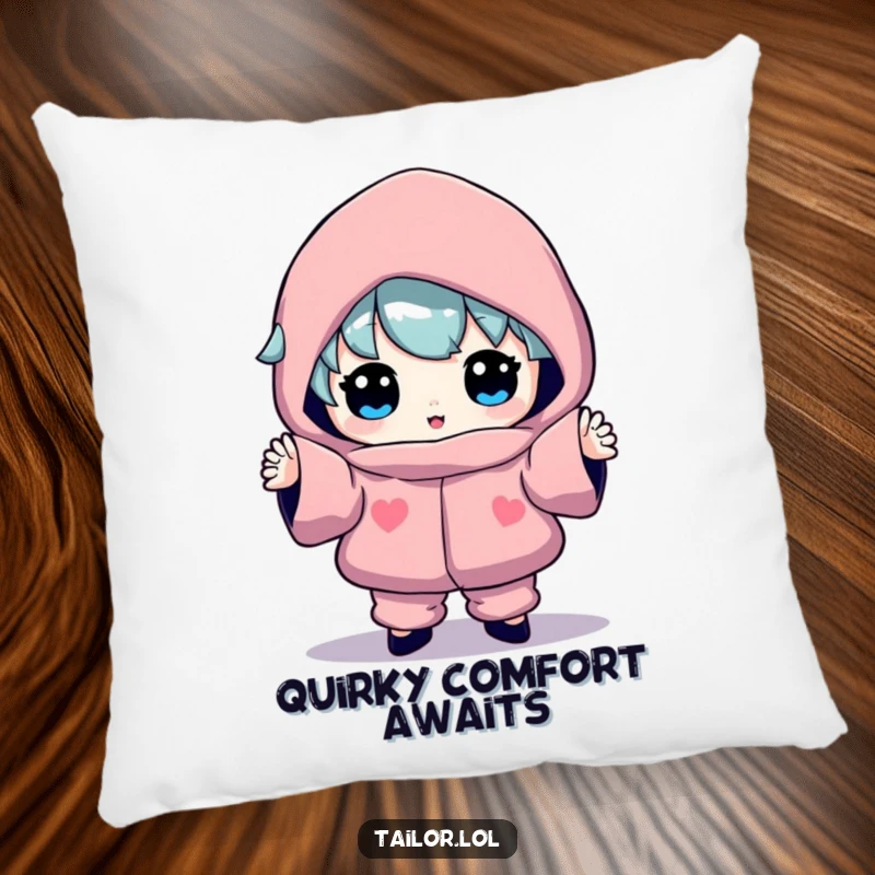 Funny decorative pillow featuring a character proudly displaying an odd, colorful garment, perfect for adding humorous comfort.