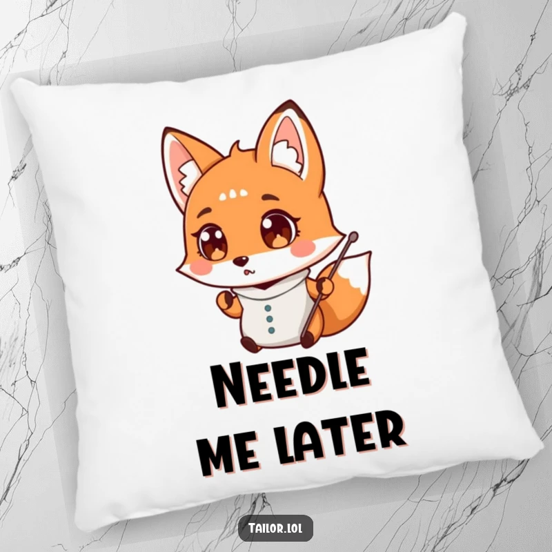 Funny surprised fox tailor dropping a needle, wide-eyed, decorative pillow, sewing humor, perfect funny gift.