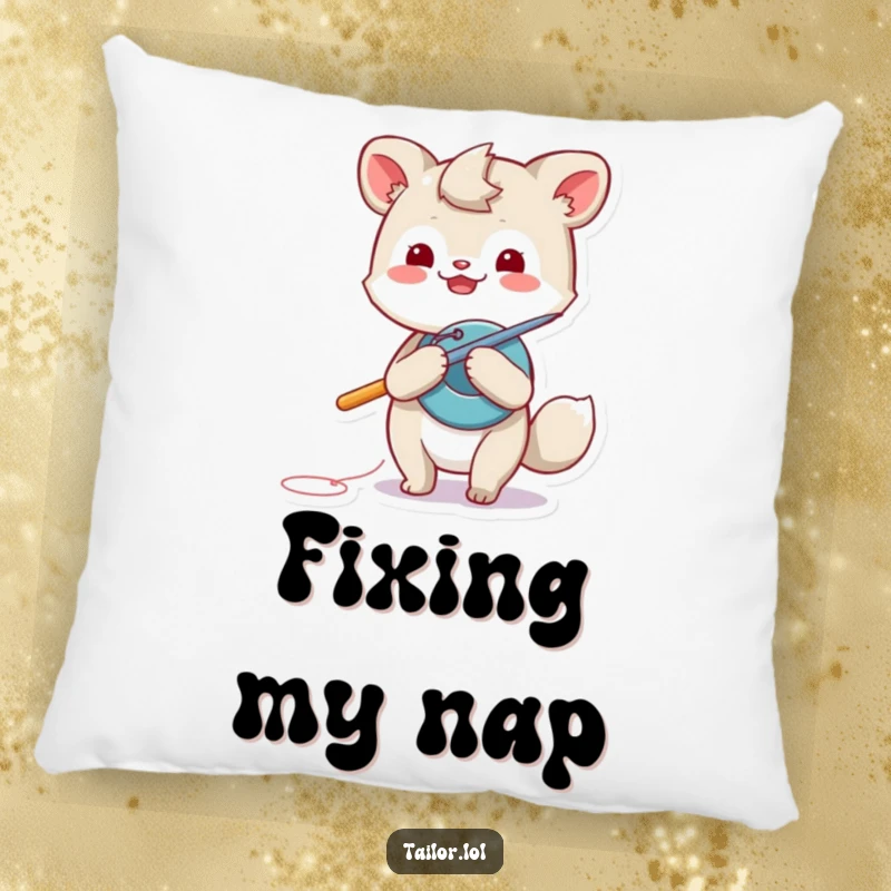 Funny animal pillow, a plush cushion of a playful creature using a giant needle to sew a button, soft and humorous.