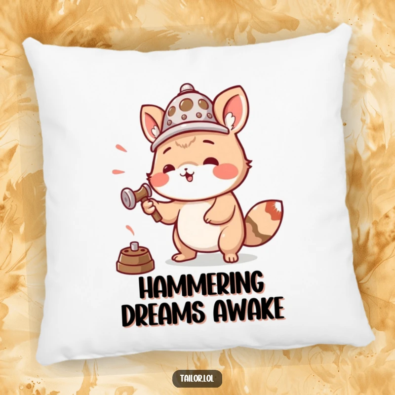 Funny pillow with an animal wearing a thimble as a hat, enthusiastically hammering, a cute and humorous addition.