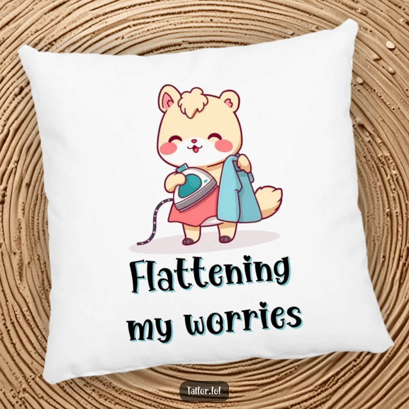 Funny pillow featuring a cheerful animal character ironing clothes with a tiny, steaming iron, providing comfort and laundry day humor.