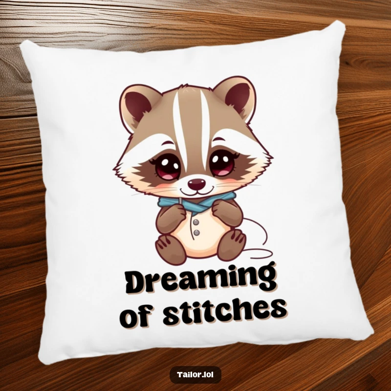 Funny Kawaii badger tailor character examining a needle and thread with wide eyes on a decorative pillow, funny gift.