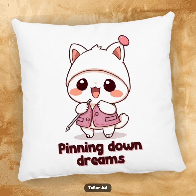 Funny pillow showing a kawaii animal character enthusiastically pinning a garment with a giant hatpin, soft and cute.