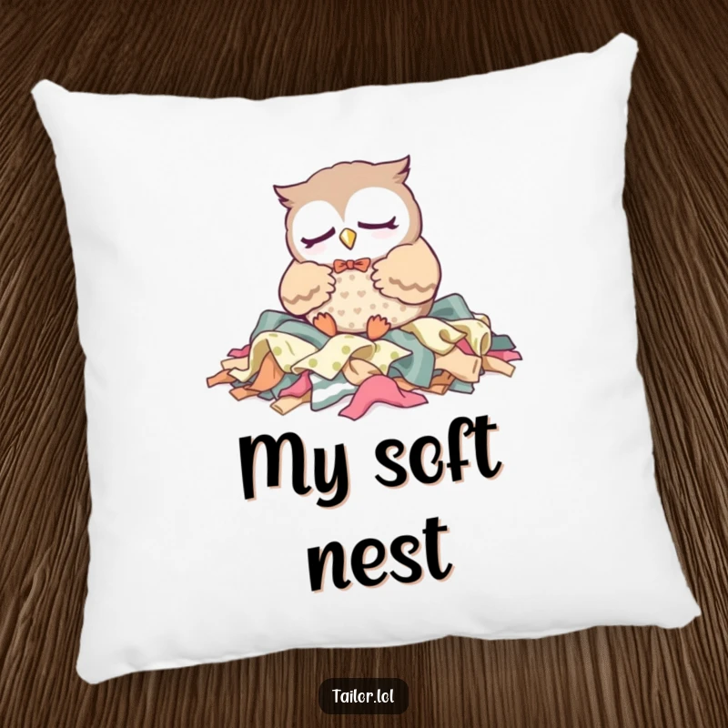 Funny Pillow: A sleepy Kawaii owl tailor character naps on fabric scraps, offering soft comfort and a humorous crafting theme.
