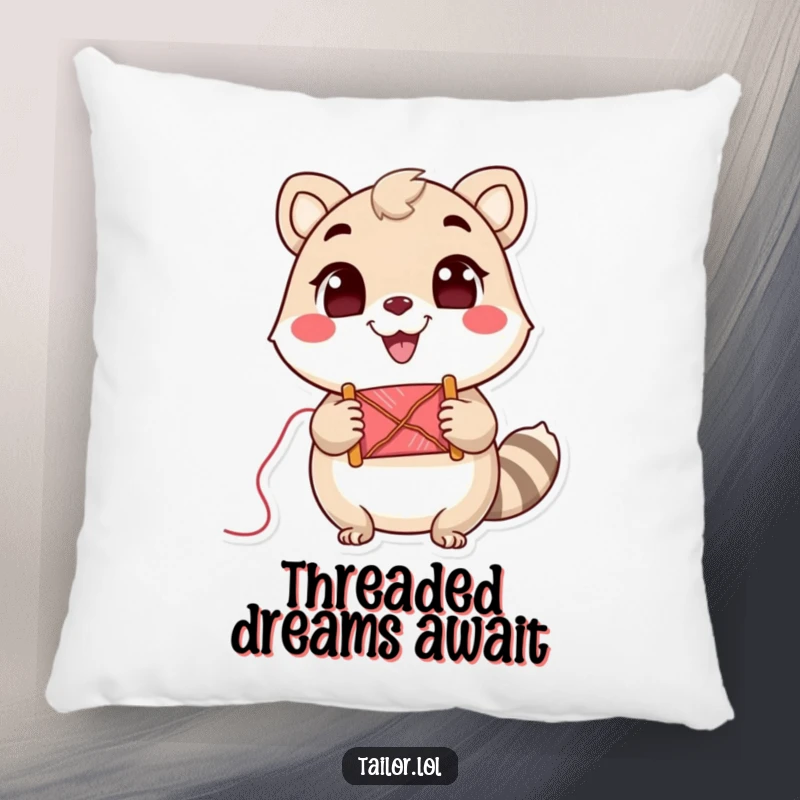 Funny Pillow: A cute, fluffy animal character holding a spool of thread with a wide, joyful grin, looking content.
