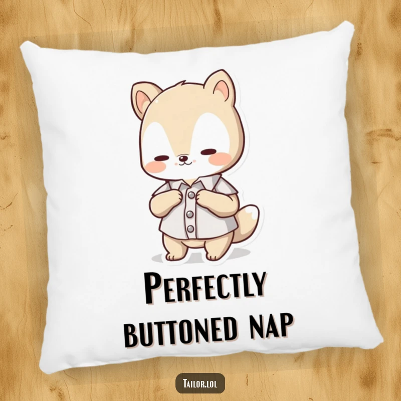 Funny Pillow: A cute, fluffy animal character carefully adjusting a tiny button on a miniature piece of clothing, looking content.