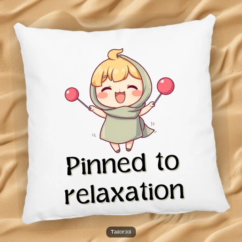 Funny pillow featuring a character pinning fabric with a comically large pin, offering comfort and humor for quilters. A great gift.
