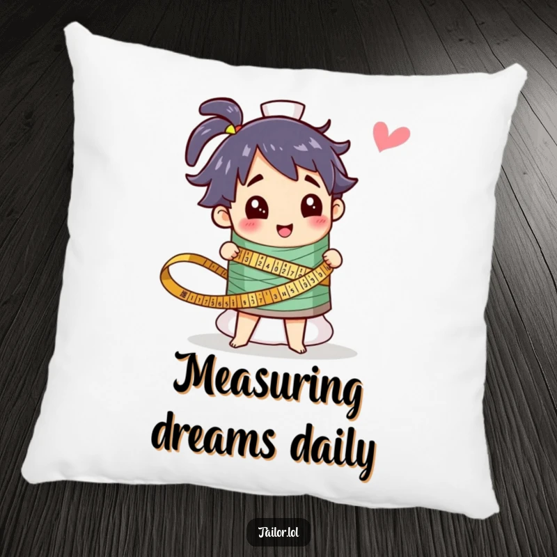 Funny pillow featuring a character measuring a giant spool of colorful thread, offering comfort and humor for sewing lovers. A great gift.