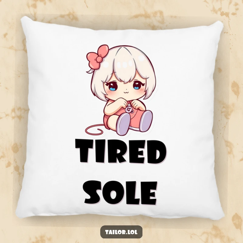 Funny decorative pillow featuring a character winking while sewing a button onto a tiny shoe, perfect for adding humorous comfort.