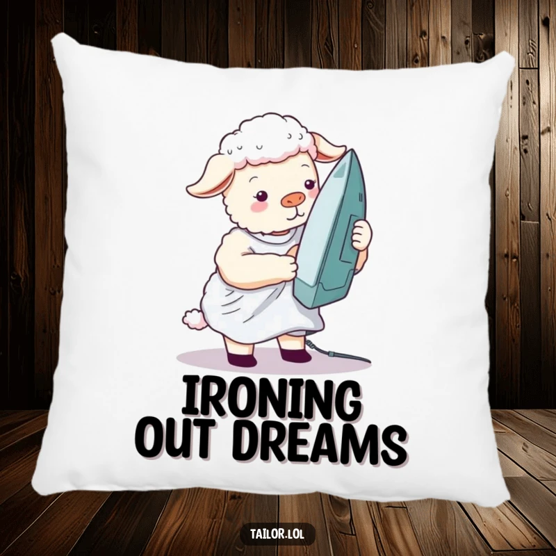 Funny silly sheep pillow design with a sheep ironing a wrinkled shirt with a giant iron, offering soft, humorous comfort.