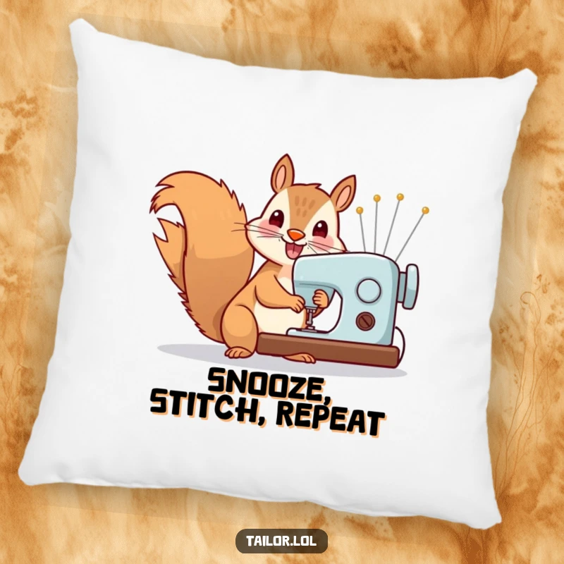 Funny Pillow: Cheerful squirrel sewing with oversized needles, adding a touch of whimsical comfort to any room.