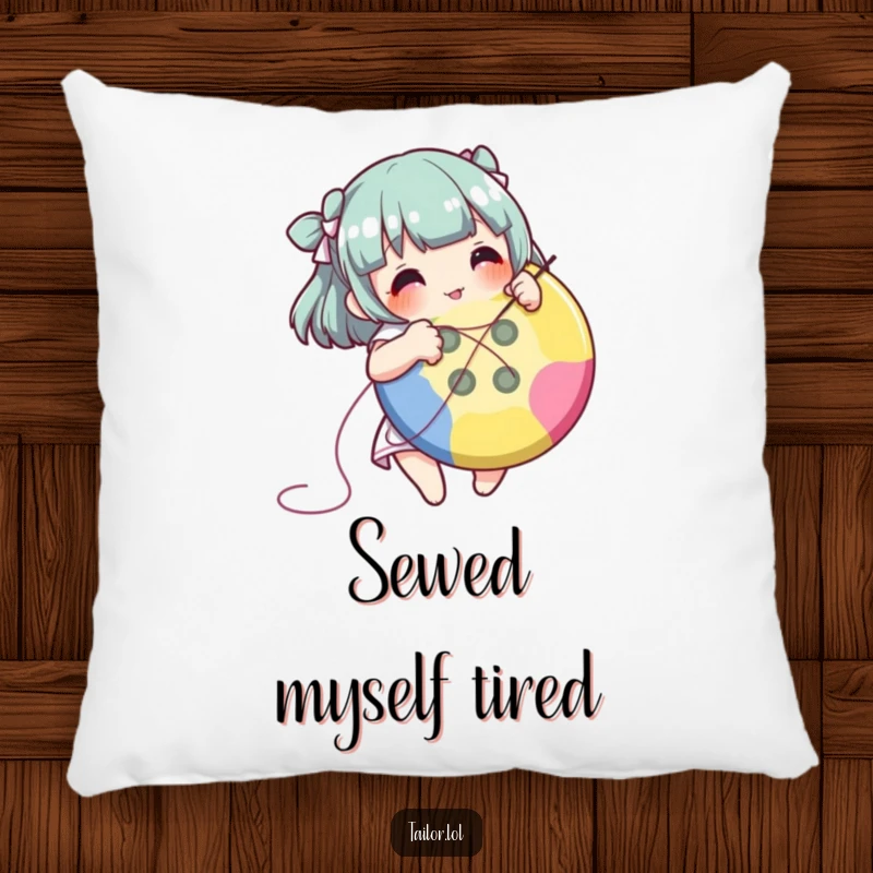 Funny character sewing a button, printed on a soft, decorative pillow.