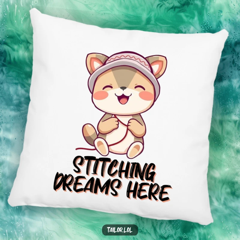 Funny animal pillow, a plush cushion of a joyful animal wearing a thimble hat, happily stitching with contentment.